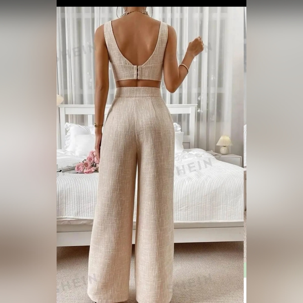 SHIEN Women's Tan Two Piece Wide Leg Pants Set Size M - Picture 16 of 16